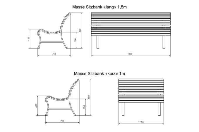 Zeichnung der klassisch geformten Gartenbänke in den Versionen lang mit 1,8 Meter und kurz mit 1 Meter.